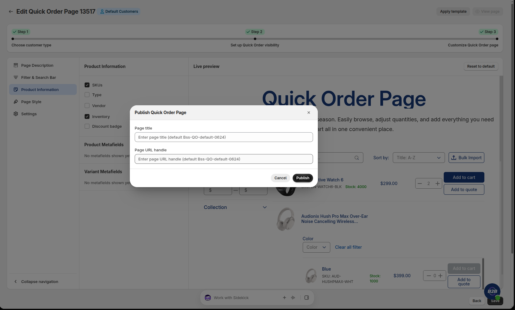 Publish Quick Order Page window